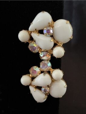 Vintage Napier White Glass and Aurora Rhinestone Clip Earrings - Gold Tone